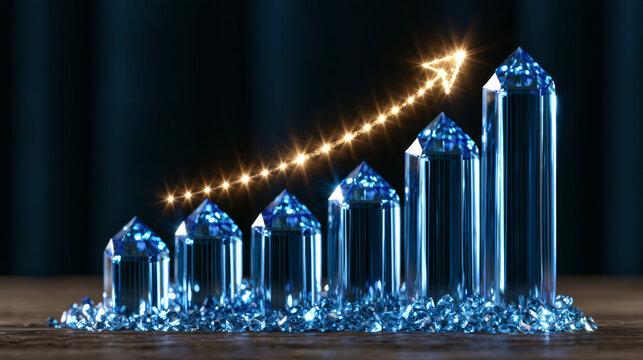 Business expansion and breakthrough are visualized with crystal growth bars and upward arrow symbolizing positive mindset and financial success