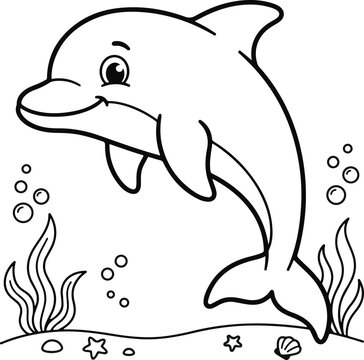 Cute cartoon dolphin swimming in the sea with seaweed and shells