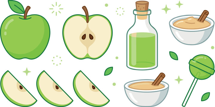 PrintGreen apple vector element set featuring fresh whole fruit half slice cider vinegar bottle applesauce bowl with cinnamon stick and lollipop icon isolated on white background