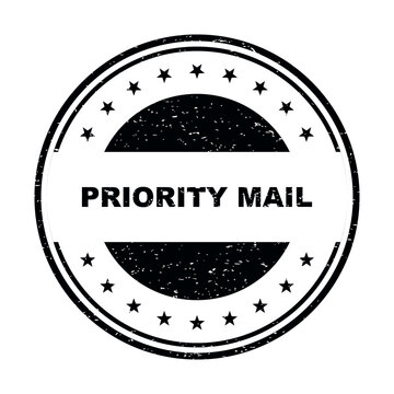 Black round priority mail rubber ink stamp sign with vintage grunge texture isolated on transparent background