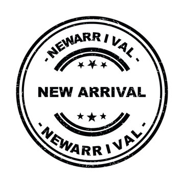 Black round rubber stamp design with new arrival text in a vintage style isolated on transparent background
