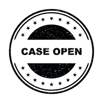 Black round rubber stamp design with the text case open and decorative stars isolated on transparent background