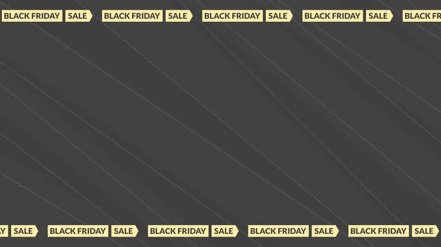 Seamless looping background animation of top and bottom yellow stripes with Black Friday Sale text moving left and right with black center copy space area. Flat style promo frame backdrop concept