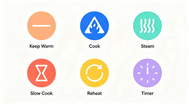 The cooking program icon is neatly arranged, representing the concepts of long-term insulation, slow cooking, and timed reheating, suitable for household multifunctional stewing appliances.

