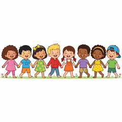 A group of happy, diverse children holding hands and walking together, symbolizing friendship, unity, and inclusivity.