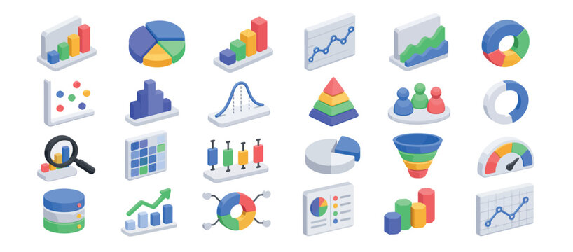 Colorful data visualization icons and charts collection.