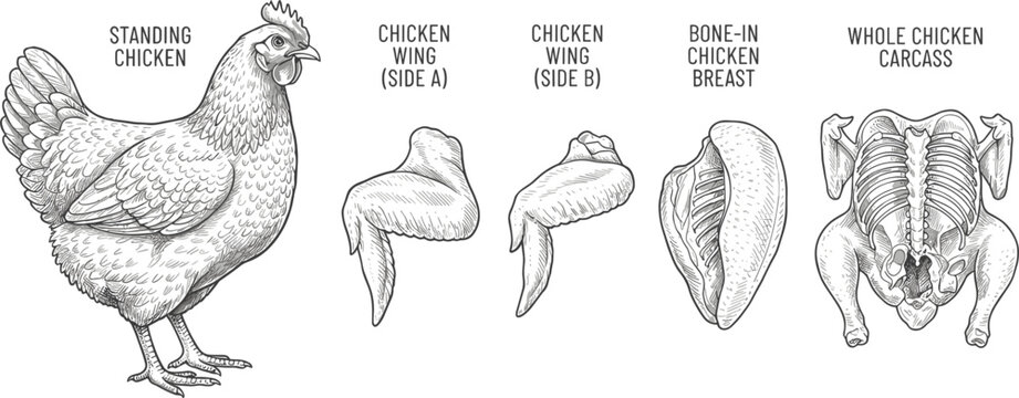 Butcher guide diagram for chicken cuts with standing hen wing breast and whole carcass vintage sketch vector.