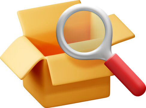 3D Open cardboard box with magnifying glass.