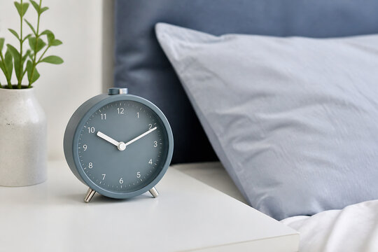 A small, round analog clock sits on a white surface next to a light blue pillow in a bright room.