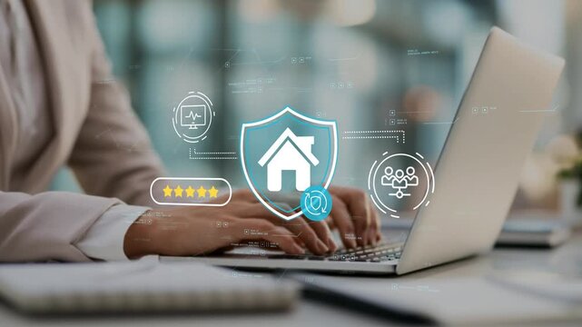 Female business professional overseeing property management excellence with animated house shield icon, residential protection, digital housing services and customer trust strategy