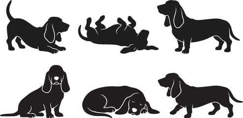 Fototapeta premium A diverse collection of basset hound silhouettes in various playful poses, forming a dog silhouette set and basset