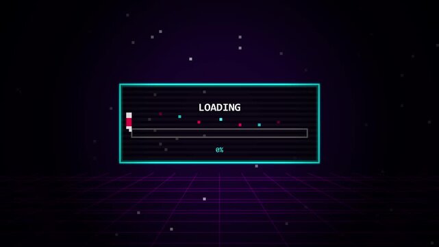 Retro pixel art loading progress bar on synthwave background