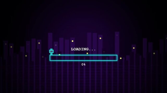 Retro pixel art character running across a glowing loading bar