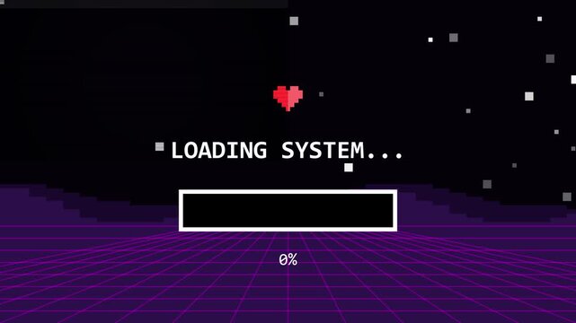 Retro pixel art loading screen with filling progress bar and heart