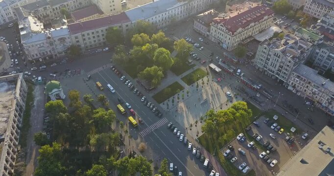 Aerial drone view of Kyiv's historic Podil district showcasing the charm of the old city, traditional buildings and the unique atmosphere of Ukraine's capital