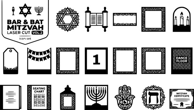 Bar and Bat Mitzvah Full Silhouette Icon Set Vol 3 with Star of David, Torah Scroll, Kiddush Cup and Candle Lighting Ceremony, 20 Icons for Jewish Celebration, Flat Vector