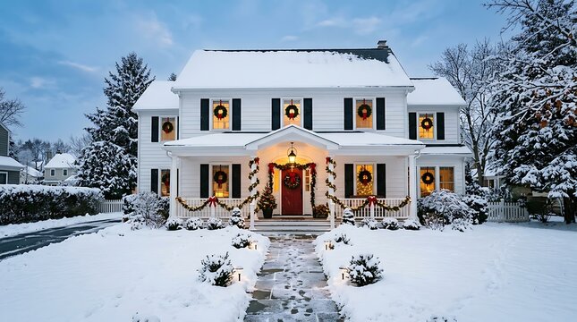 Beautiful twostory colonial house decorated for christmas with snowcovered yard and pathway in winter