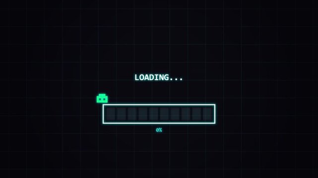 Retro pixel art progress bar animation loading on dark background