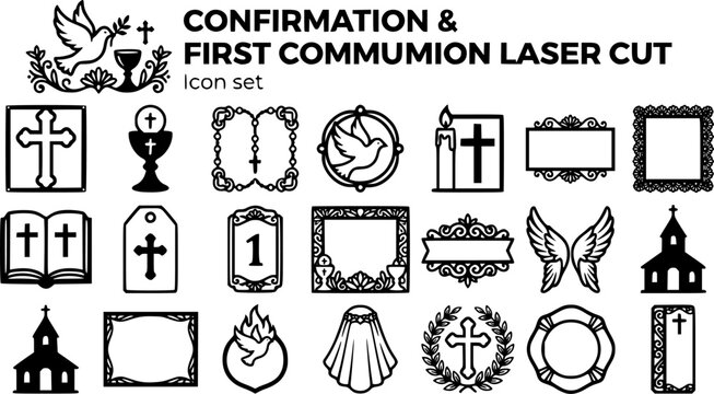 Confirmation and First Communion Laser Cut SVG Template Set with Cross Frame, Rosary Border, Chalice and Angel Wing Frame, 20 Designs for Religious Milestone Events, Editable Vector