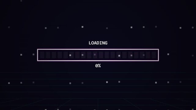 Pixel art loading bar showing progress from fifteen to hundred percent