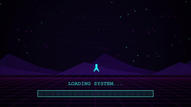 Retro pixel art loading system progress bar on synthwave background
