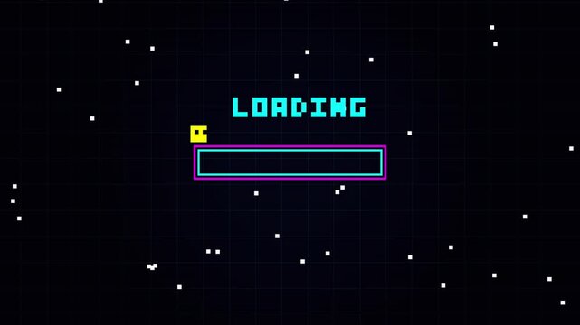 Retro pixel art loading bar filling up with jumping character