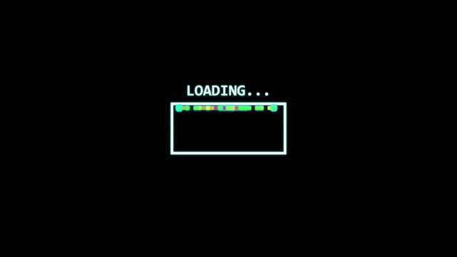 Pixelated progress bar with colorful digital noise and loading text