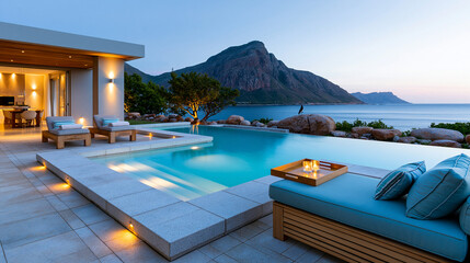 Fototapeta premium Luxurious modern villa with mountain view, infinity pool, outdoor lounge area at dusk, serene coastal destination, with copy space