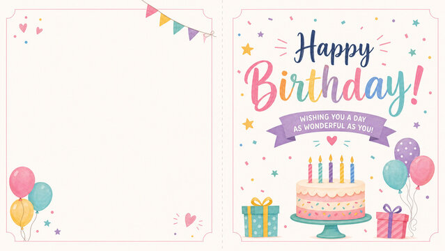 Happy birthday card template with cake gifts and balloon corner