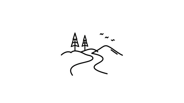 Minimalist mountain landscape line art. Simple hand drawn nature sketch with pine trees.
