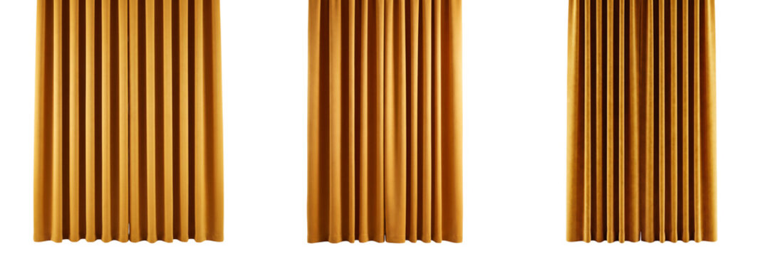 Set of three mustard yellow curtains isolated on transparent background