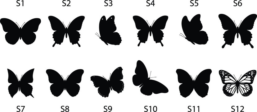 Collection of twelve solid black shape butterfly icon vector designs for craft cutting isolated on white background