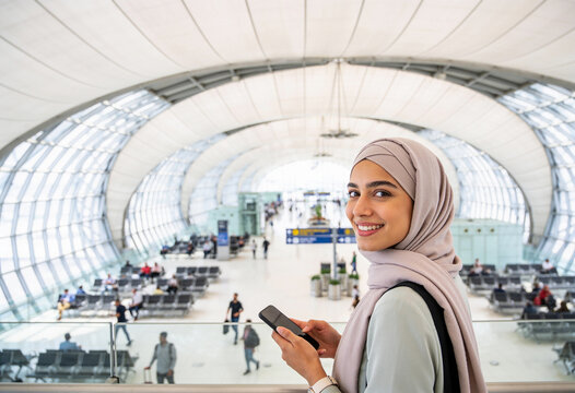 Happy Muslim woman in lilac hijab holding smartphone at bright modern airport terminal looking over shoulder