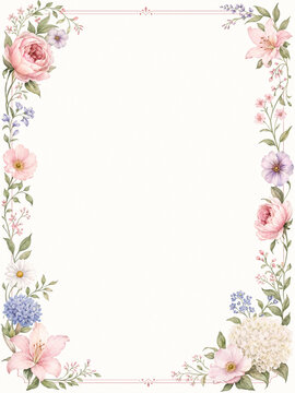 Watercolor floral border with pink frame line on a cream page