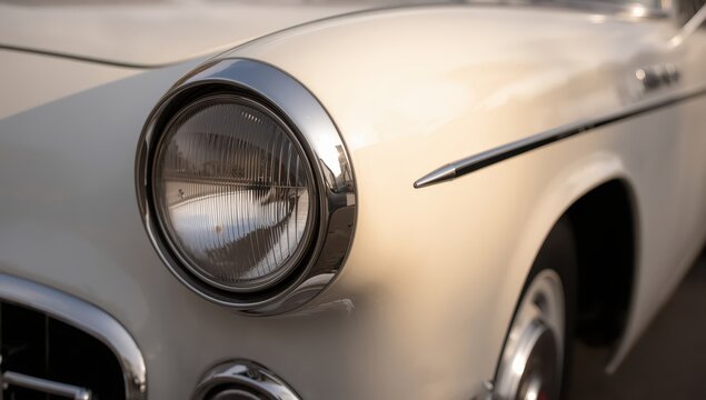 Close-up of a white classic car's rounded headlight. Non-AI photo.