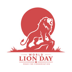 Fototapeta premium World Lion Day Flat Vector Poster with Roaring Lion and African Savanna Landscape