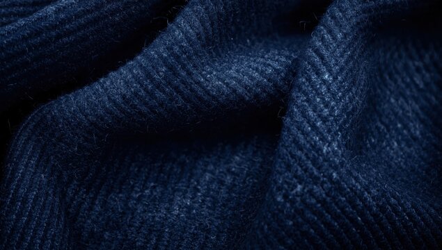 Closeup of a soft wool textile in navy blue. Natural texture fabric backdrop.