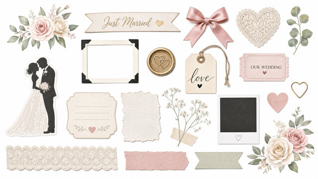 Wedding scrapbook clip art with bride and groom silhouette