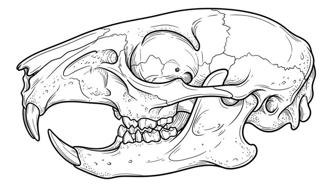 Detailed Line Art Illustration of a Rodent Skull in Profile.