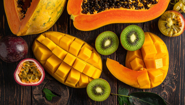 Flat-lay of tropical fruits%E2%80%94papaya  mango  kiwi  and passion fruit%E2%80%94arranged beautiful