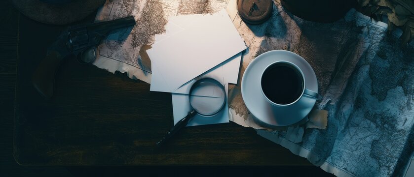 Ultra-wide flat lay, full detective desk, maps, blank notes, black coffee, magnifying glass, vintage gun, cinematic moody top light