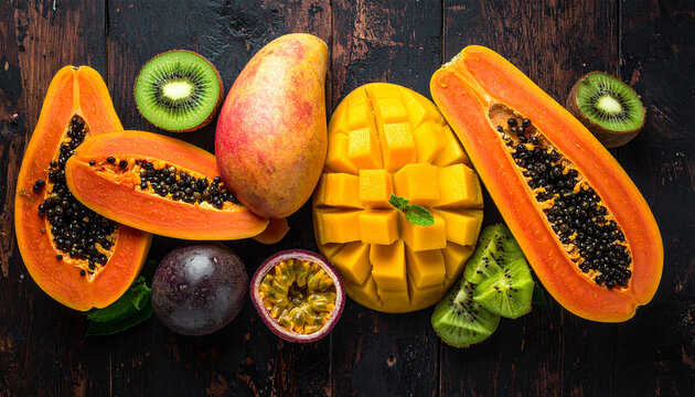 Flat-lay of tropical fruits%E2%80%94papaya  mango  kiwi  and passion fruit%E2%80%94arranged beautiful