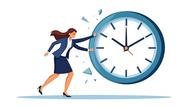 Man running towards large clock symbolizing time management.