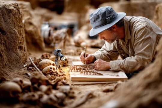 Archaeologist carefully examines ancient skeleton remains in a sandy excavation site
