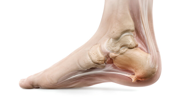 Heel spur at calcaneus in photorealistic medical 3D anatomy render showing plantar bony growth, preserved structures, and copy space for podiatry education, healthcare design, and patient information