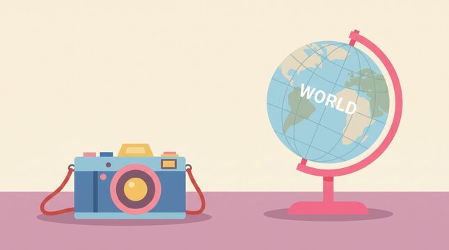Vintage photo camera and colorful earth globe illustration for world photography day celebration event graphic background design