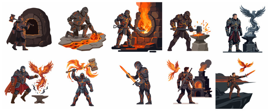 Set of Fantasy Magma Knight Illustrations with Fire Warrior Characters Forging Weapons and Phoenix Motifs