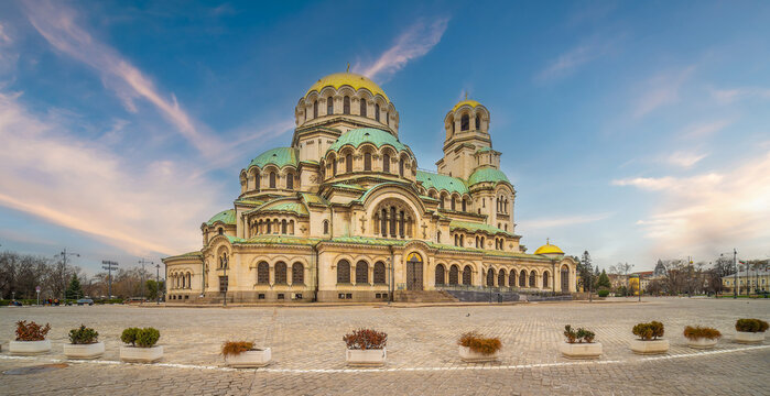 Alexander Nevsky Cathedral at sunset in Sofia, Bulgaria.