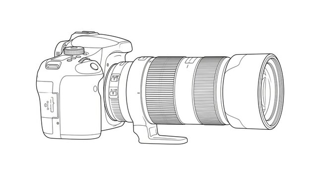 Black and white line art sketch illustration of modern digital slr camera with large telephoto zoom lens