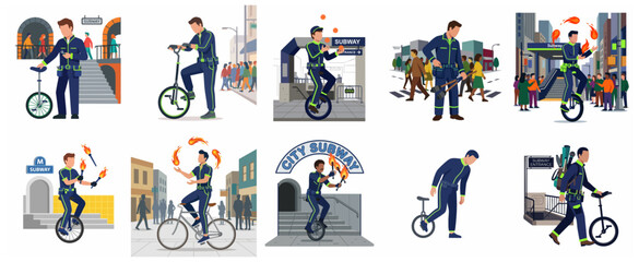 Set of flat vector illustrations depicting a street performer juggling fire and riding a unicycle in urban city environments near subway entrances and busy streets. © Rudii